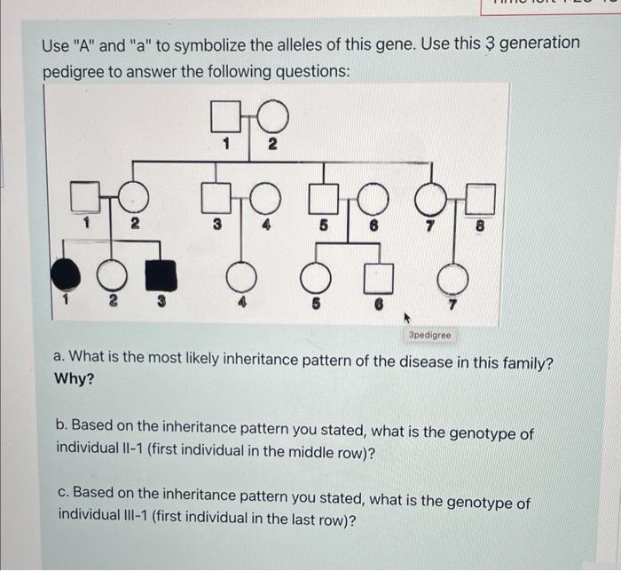 Use A And A To Symbolize The Alleles Of This Gene Use This 3 Generation Pedigree To Answer The Following Questions 1
