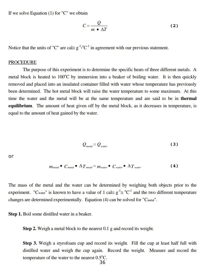 If We Solve Equation 1 For C We Obtain 0 Ce M At 2 Notice That The Units Of C Are Caleg C In Agreement With O 1