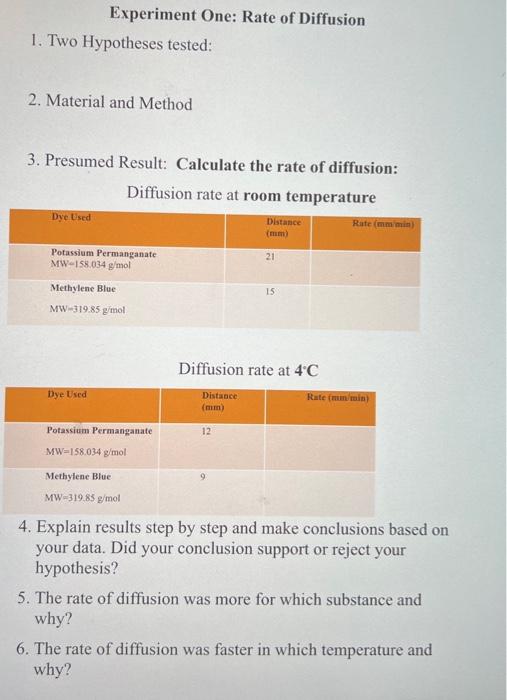 1 Two Hypotheses Tested Experiment One Rate Of Diffusion 2 Material And Method 3 Presumed Result Calculate The Rat 1