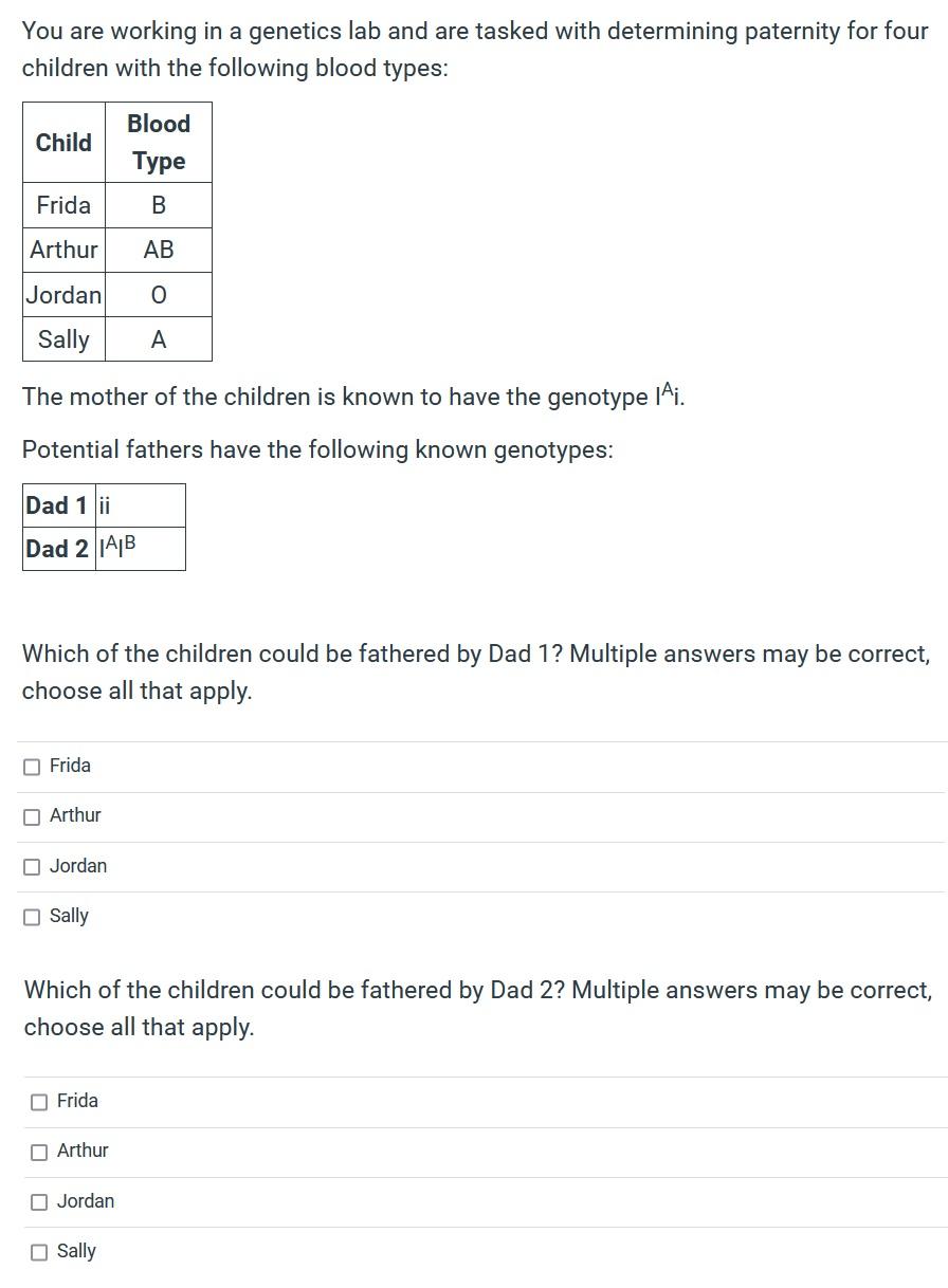 You Are Working In A Genetics Lab And Are Tasked With Determining Paternity For Four Children With The Following Blood T 1