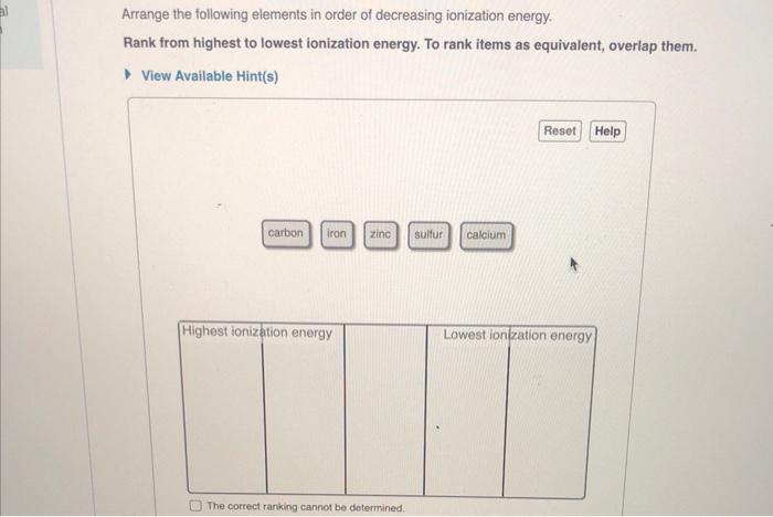 Arrange The Following Elements In Order Of Decreasing Ionization Energy Rank From Highest To Lowest Ionization Energy 1
