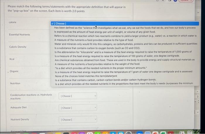 Please Match The Following Terms Statements With The Appropriate Definition That Will Appear In The Pop Up Box On The 1