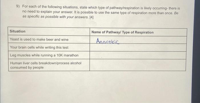 9 For Each Of The Following Situations State Which Type Of Pathway Respiration Is Likely Occurring There Is No Need T 1