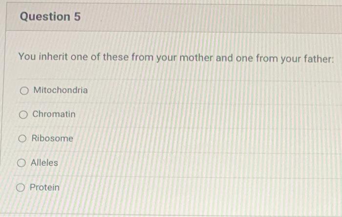 Question 5 You Inherit One Of These From Your Mother And One From Your Father O Mitochondria O Chromatin O Ribosome O A 1
