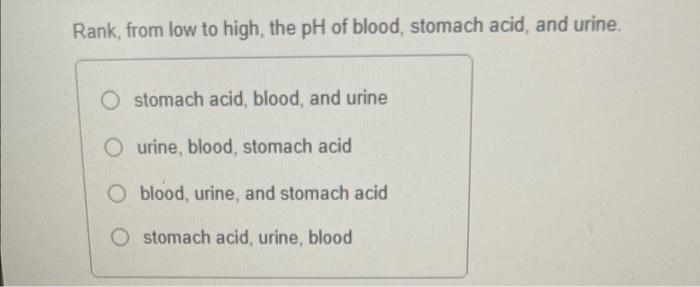 Rank From Low To High The Ph Of Blood Stomach Acid And Urine Stomach Acid Blood And Urine Urine Blood Stomach A 1