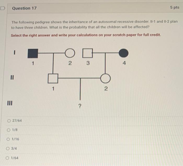D Question 17 The Following Pedigree Shows The Inheritance Of An Autosomal Recessive Disorder Il 1 And 11 2 Plan To Hav 1