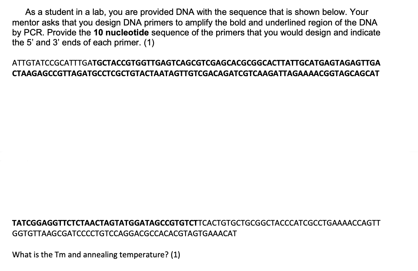 As A Student In A Lab You Are Provided Dna With The Sequence That Is Shown Below Your Mentor Asks That You Design Dna 1