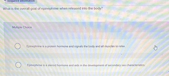 What Is The Overall Goal Of Epinephrine When Released Into The Body Multiple Choice Epinephrine Is A Protein Hormone An 1