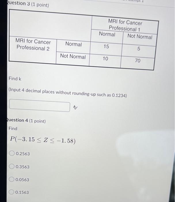 Question 3 1 Point Mri For Cancer Professional 2 Question 4 1 Point Find 0 2563 0 3563 Normal P 3 15 Z 1 58 0 1
