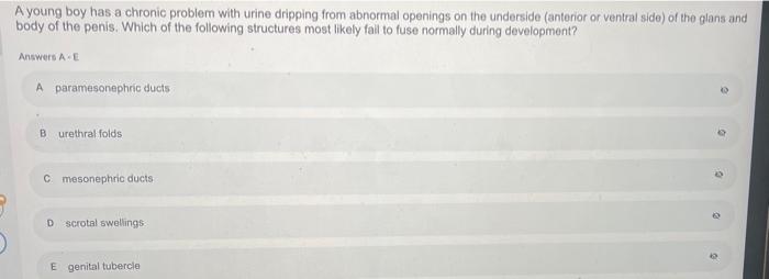 A Young Boy Has A Chronic Problem With Urine Dripping From Abnormal Openings On The Underside Anterior Or Ventral Side 1