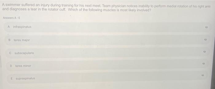 A Swimmer Suffered An Injury During Training For His Next Meet Team Physician Notices Inability To Perform Medial Rotat 1