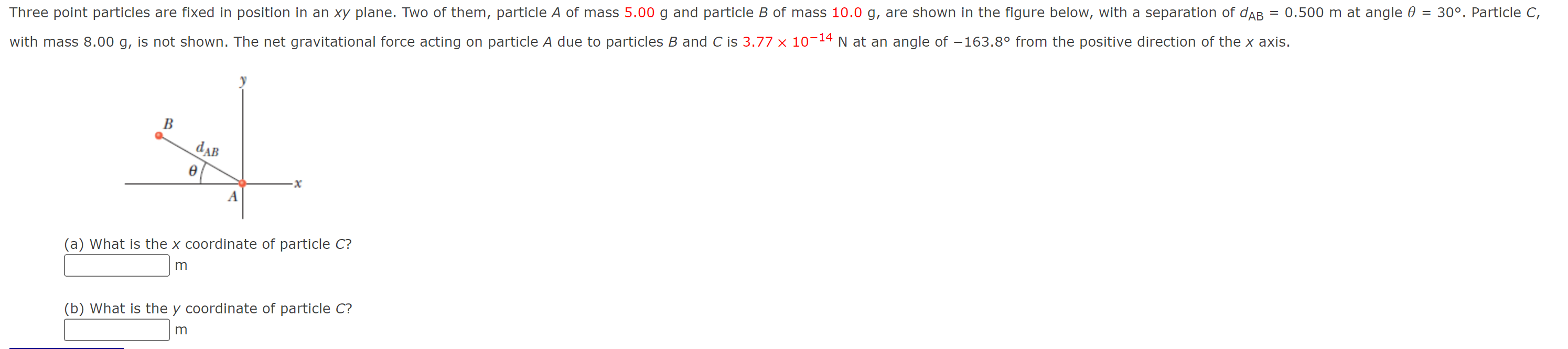 Three Point Particles Are Fixed In Position In An Xy Plane Two Of Them Particle A Of Mass 5 00 G And Particle B Of Mas 1