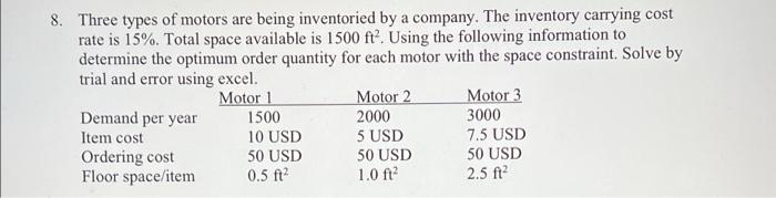8 Three Types Of Motors Are Being Inventoried By A Company The Inventory Carrying Cost Rate Is 15 Total Space Availa 1