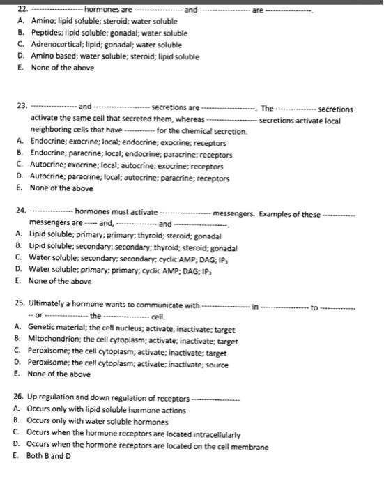 22 Hormones Are A Amino Lipid Soluble Steroid Water Soluble B Peptides Lipid Soluble Gonadal Water Soluble C A 1