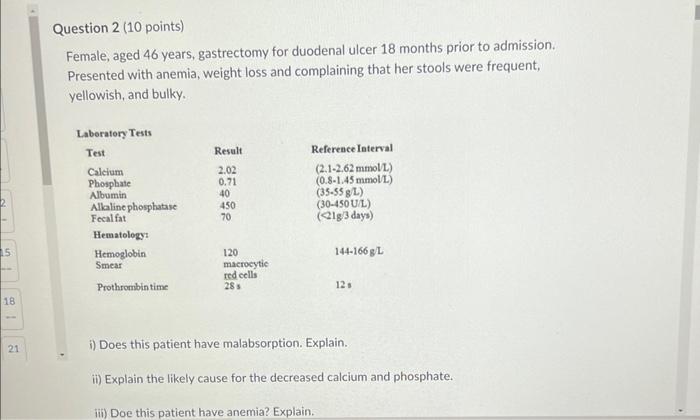 15 18 21 Question 2 10 Points Female Aged 46 Years Gastrectomy For Duodenal Ulcer 18 Months Prior To Admission Pres 1