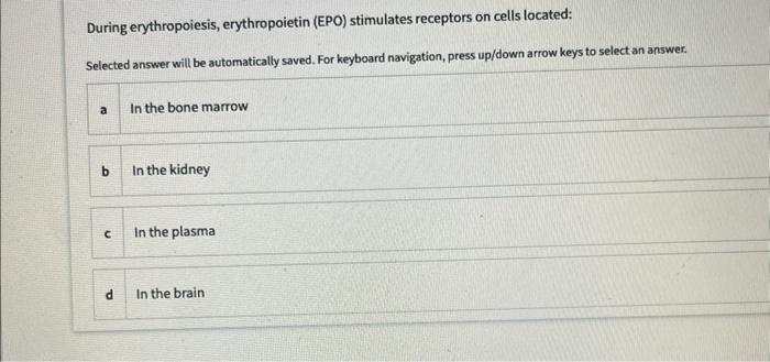 During Erythropoiesis Erythropoietin Epo Stimulates Receptors On Cells Located Selected Answer Will Be Automatically 1