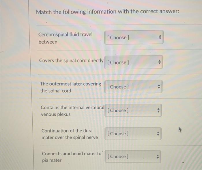 Match The Following Information With The Correct Answer Cerebrospinal Fluid Travel Between Covers The Spinal Cord Direc 1