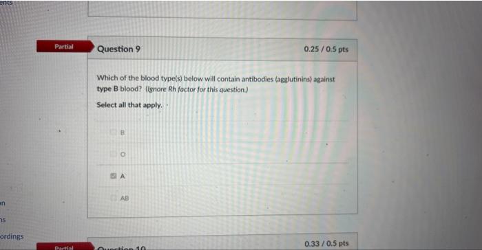 Partial Question 10 Which Of The Blood Type S Below Will Contain Antibodies Against Type B Blood Or The Potential To 2