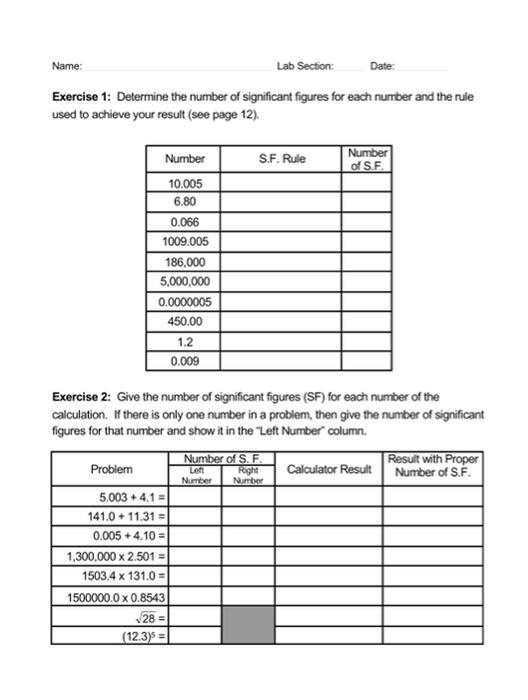 Lab Section Date Exercise 1 Determine The Number Of Significant Figures For Each Number And The Rule Used To Achieve 1