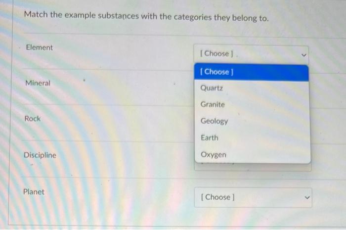 Match The Example Substances With The Categories They Belong To Element Mineral Rock Discipline Planet Choose Choos 1