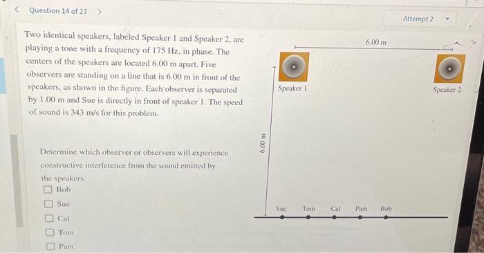 Question 14 Of 27 Attempt 2 6 00 M Two Identical Speakers Labeled Speaker I And Speaker 2 Are Playing A Tone With A 1