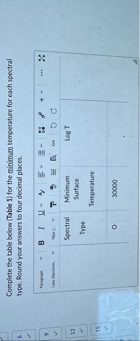 6 A 12 15 51 Complete The Table Below Table 1 For The Minimum Temperature For Each Spectral Type Round Your Answe 1