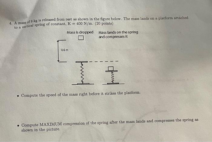 4 A Mass Of 8 Kg Is Released From Rest As Shown In The Figure Below The Mass Lands On A Platform Attached To A Vertica 1