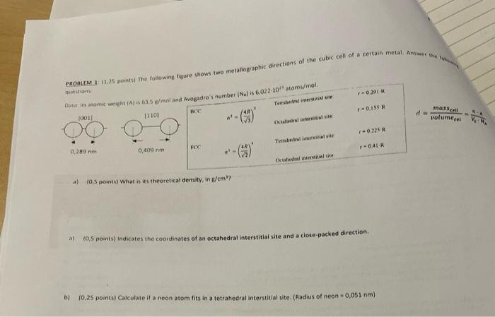Problem 1 1 25 Points The Following Figure Shows Two Metallographic Directions Of The Cubic Cell Of A Certain Metal A 1
