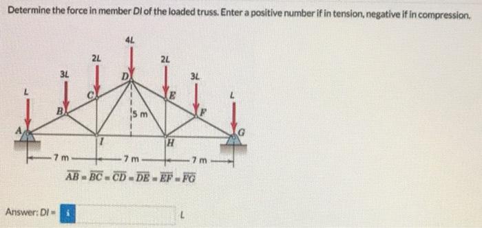 Determine The Force In Member Di Of The Loaded Truss Enter A Positive Number If In Tension Negative If In Compression 1