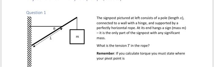 Question 1 L 8 M The Signpost Pictured At Left Consists Of A Pole Length X Connected To A Wall With A Hinge And Supp 1