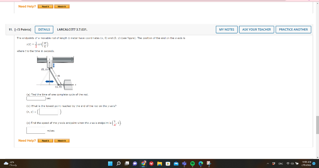 Need Help 70 F Read It Watch It 11 3 Points Details The Endpoints Of A Movable Rod Of Length 1 Meter Have Coordina 1