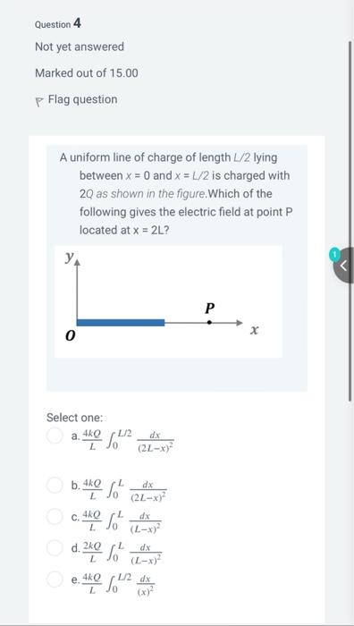 Question 4 Not Yet Answered Marked Out Of 15 00 P Flag Question A Uniform Line Of Charge Of Length 1 2 Lying Between X 1