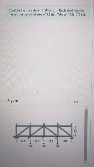 Consider The Truss Shown In Figure 1 Each Steel Member Has A Cross Sectional Area Of 3 8 In Take E 29 10 Ksi F 1