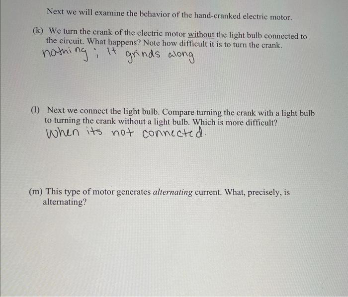Next We Will Examine The Behavior Of The Hand Cranked Electric Motor K We Turn The Crank Of The Electric Motor Withou 1
