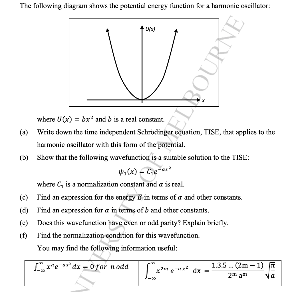 The Following Diagram Shows The Potential Energy Function For A Harmonic Oscillator A C D E F U X W Where U 1