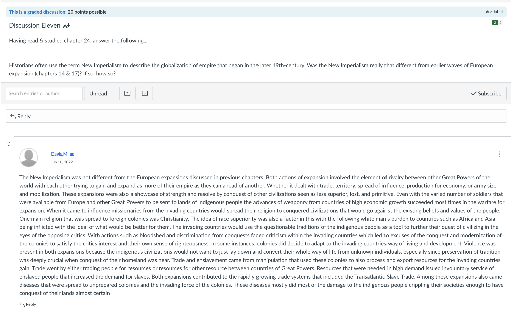 Please Help Me Answer This Discussion For My History Class I Have Provided A Classmate S Response For Reference Histor 1
