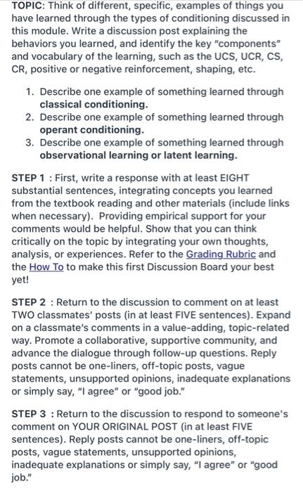Topic Think Of Different Specific Examples Of Things You Have Learned Through The Types Of Conditioning Discussed In 1