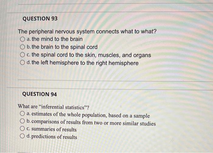 Question 93 The Peripheral Nervous System Connects What To What O A The Mind To The Brain O B The Brain To The Spinal 1