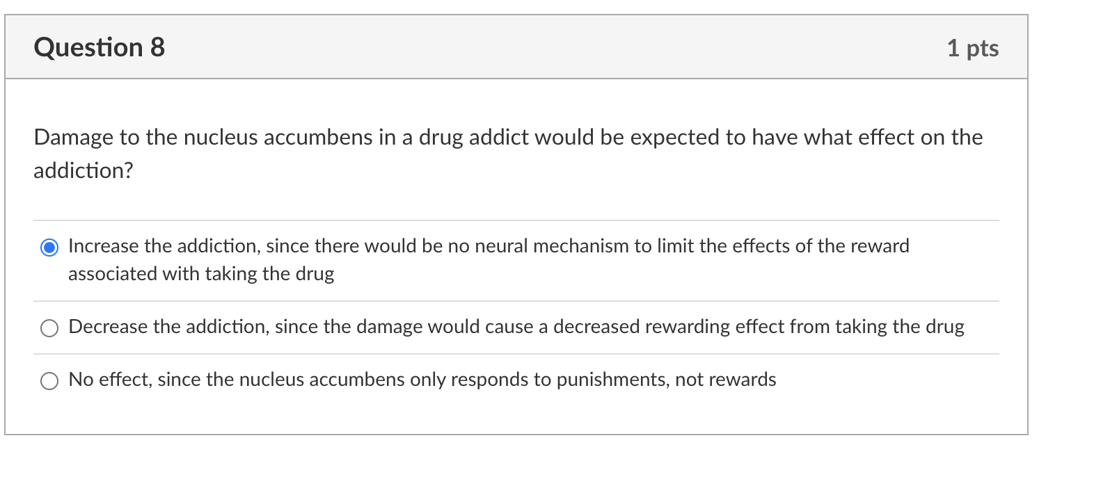 Question 8 1 Pts Damage To The Nucleus Accumbens In A Drug Addict Would Be Expected To Have What Effect On The Addiction 1
