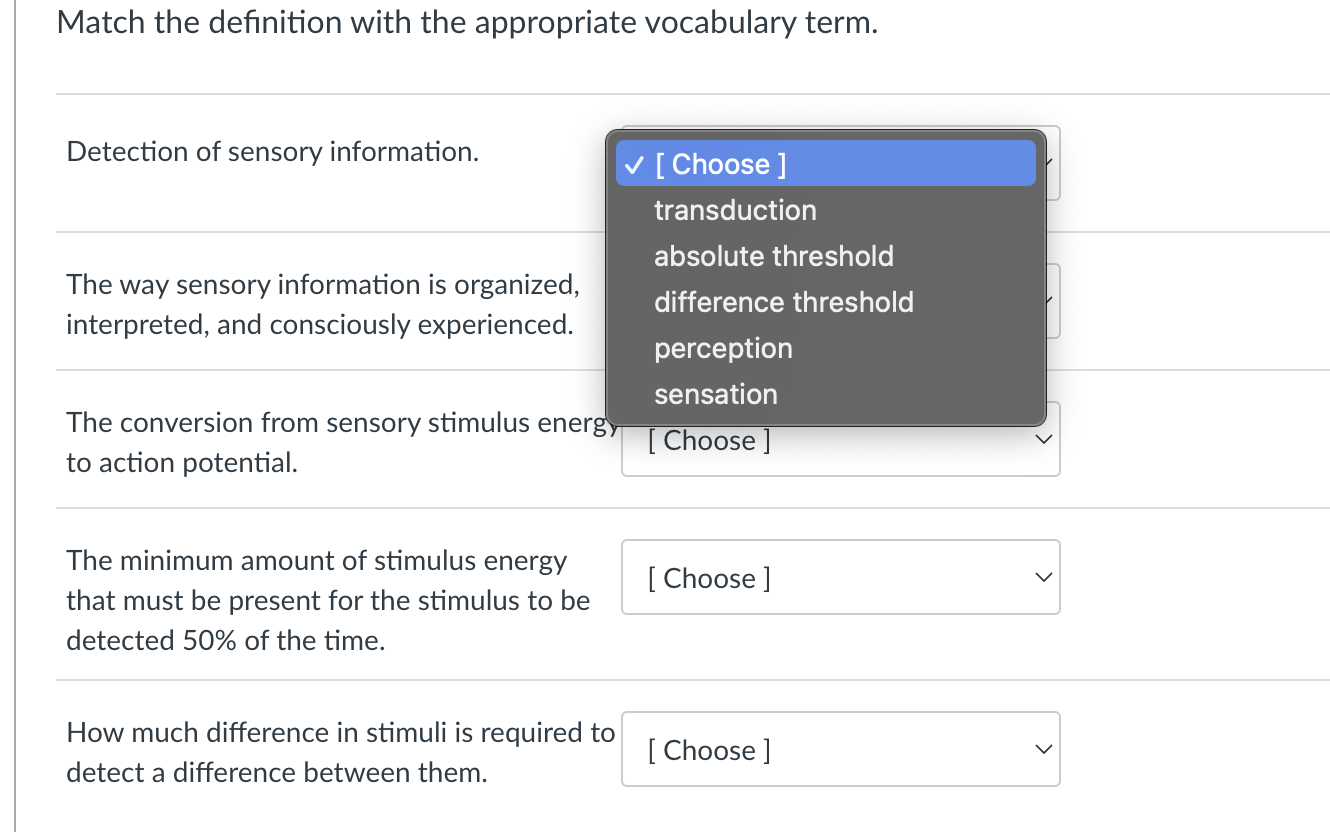 Match The Definition With The Appropriate Vocabulary Term Detection Of Sensory Information The Way Sensory Information 1