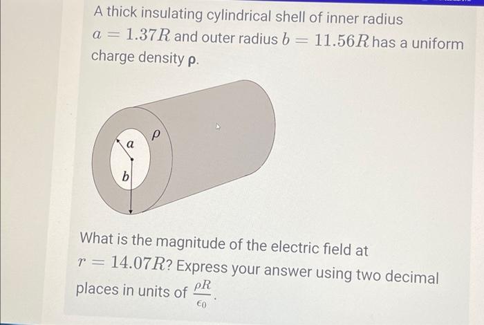 A Thick Insulating Cylindrical Shell Of Inner Radius A 1 37r And Outer Radius B 11 56r Has A Uniform Charge Density P 1