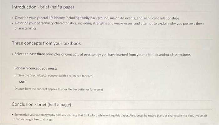 Instructions Autobiography Paper 3 4 Full Pages 3 Different Concepts From Your Textbook Your Paper Will Be Divided Into 2