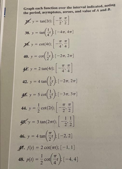 Graph Each Function Over The Interval Indicated Noting The Period Asymptotes Zeroes And Value Of A And B 37 Y Tan 1