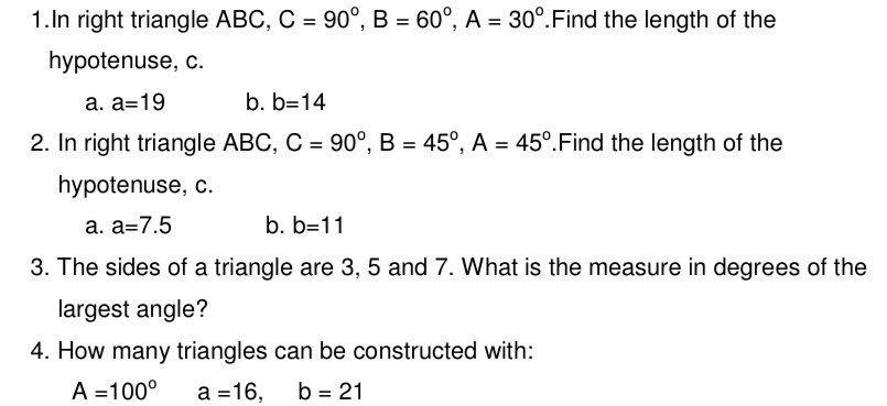 1 In Right Triangle Abc C 90 B 60 A 30 Find The Length Of The Hypotenuse C A A 19 B B 14 2 In Right Triangle Ab 1
