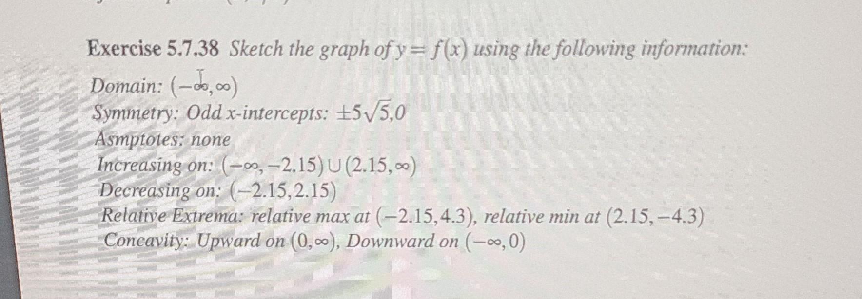 Exercise 5 7 38 Sketch The Graph Of Y F X Using The Following Information Domain Symmetry Odd X Intercepts 1