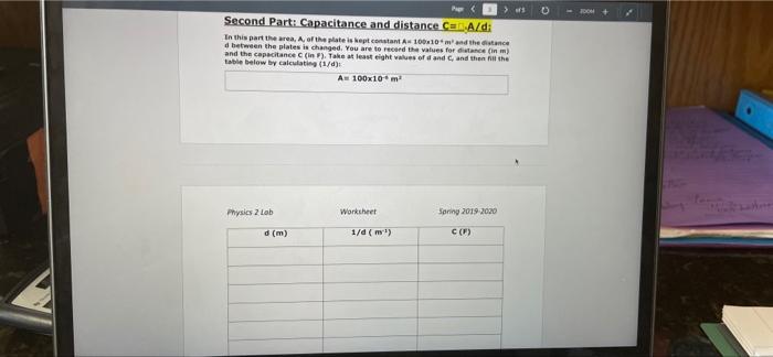 First Part Capacitance And Area C N A D In This Part The Distance D Between The Plates Is Kept Constant De 10x10m A 3