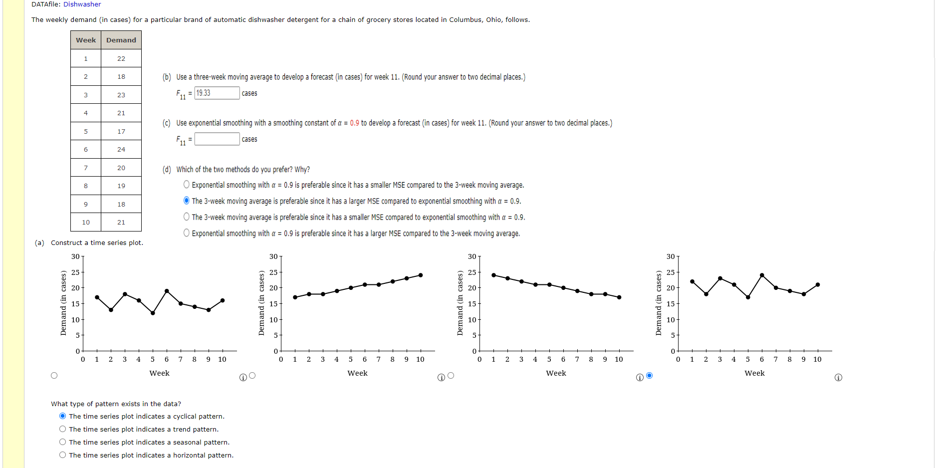 B Use A Three Week Moving Average To Develop A Forecast In Cases For Week 11 Round Your Answer To Two Decimal Plac 1