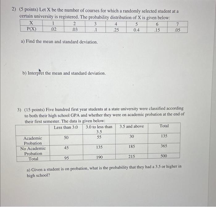 5 Points Let X Be The Number Of Courses For Which A Randomly Selected Student At A Certain University Is Registered T 1