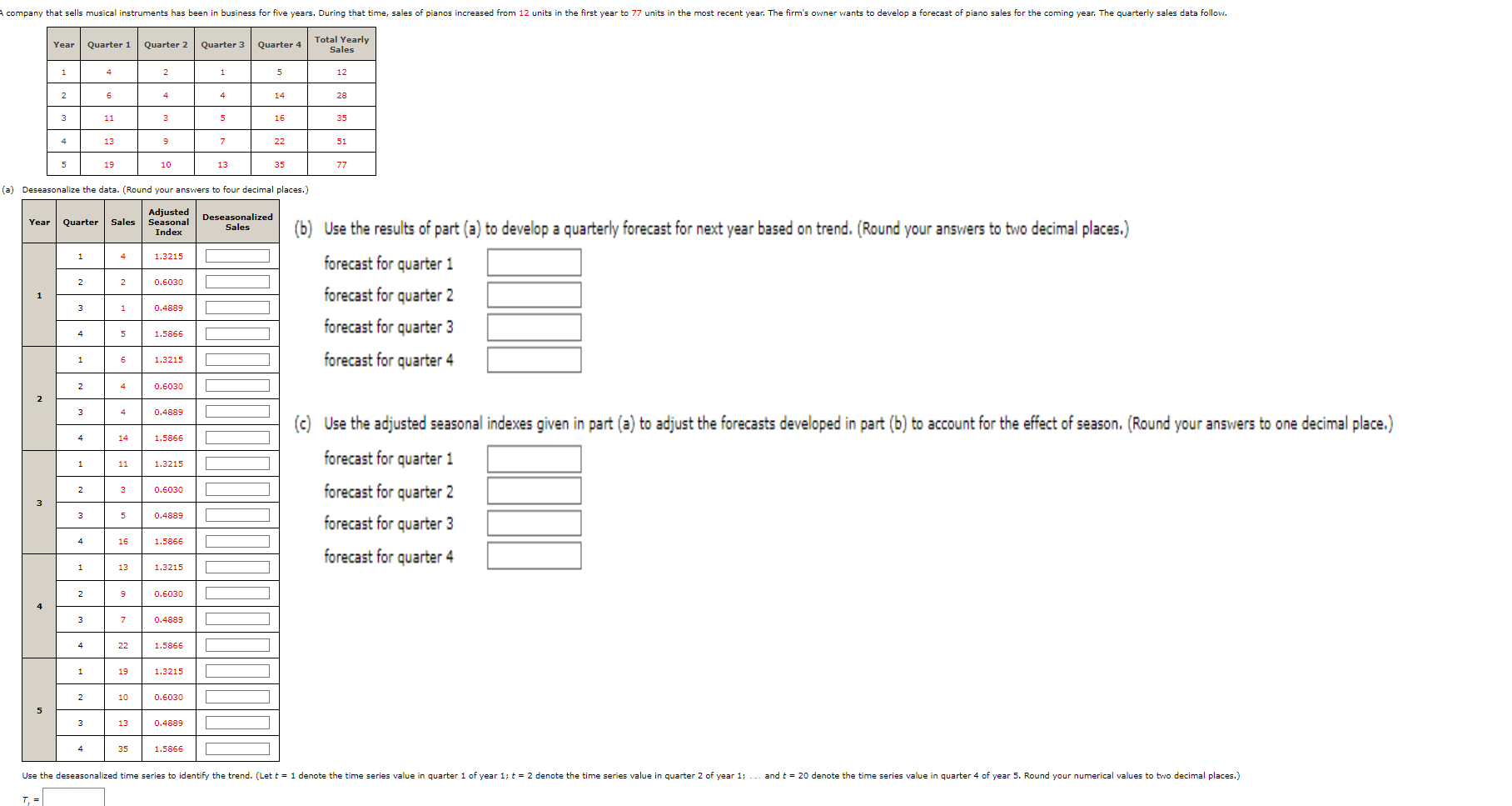 Aces B Use The Results Of Part A To Develop A Quarterly Forecast For Next Year Based On Trend Round Your Answers 1