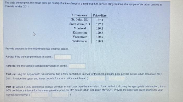 He Data Below Gives The Mean Price In Cents Of A Litre Of Regular Gasoline At Self Seivice Filing Stations At A Sample 1
